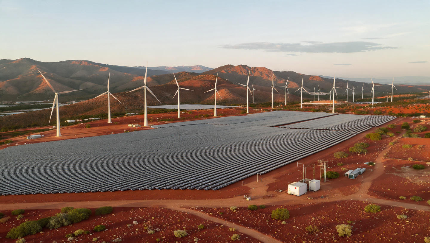 Solar and wind hybrid energy farm at twilight